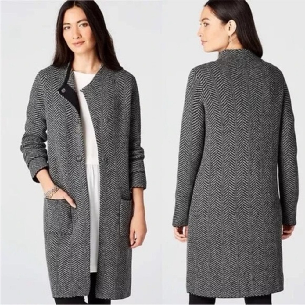 J.‎ Jill Herringbone Copley Topper Knit Button Front Long Cardigan Sweater Coat